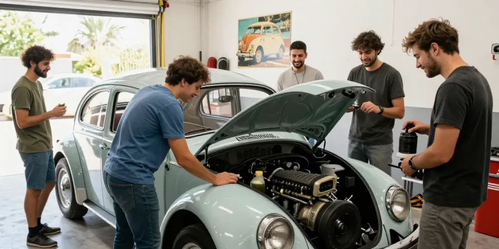 Friends working on a classic VW air-cooled car at http://www.aircooledapps.com garage, showcasing automotive lifestyle.