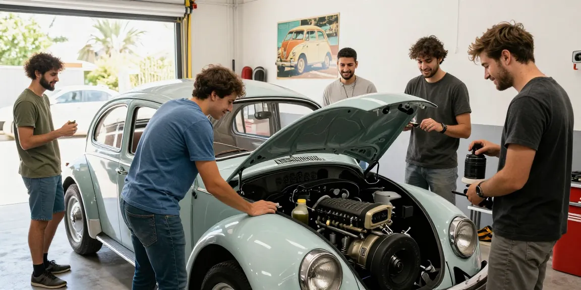 Friends working on a classic VW air-cooled car at http://www.aircooledapps.com garage, showcasing automotive lifestyle.