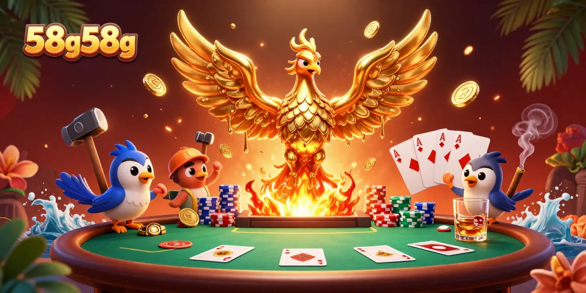 Ilustração em 3D do 58g58g com fênix dourada de metal derretido e elementos de poker ao redor.