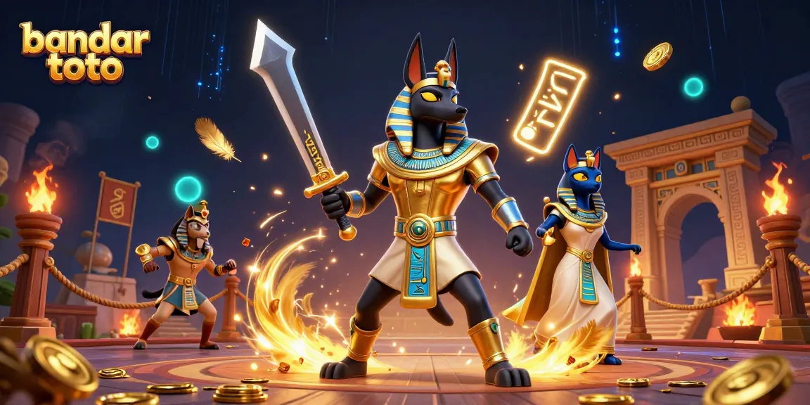 Engage in bandar toto betting amidst an epic scene featuring Anubis, Bastet, and ancient treasures.