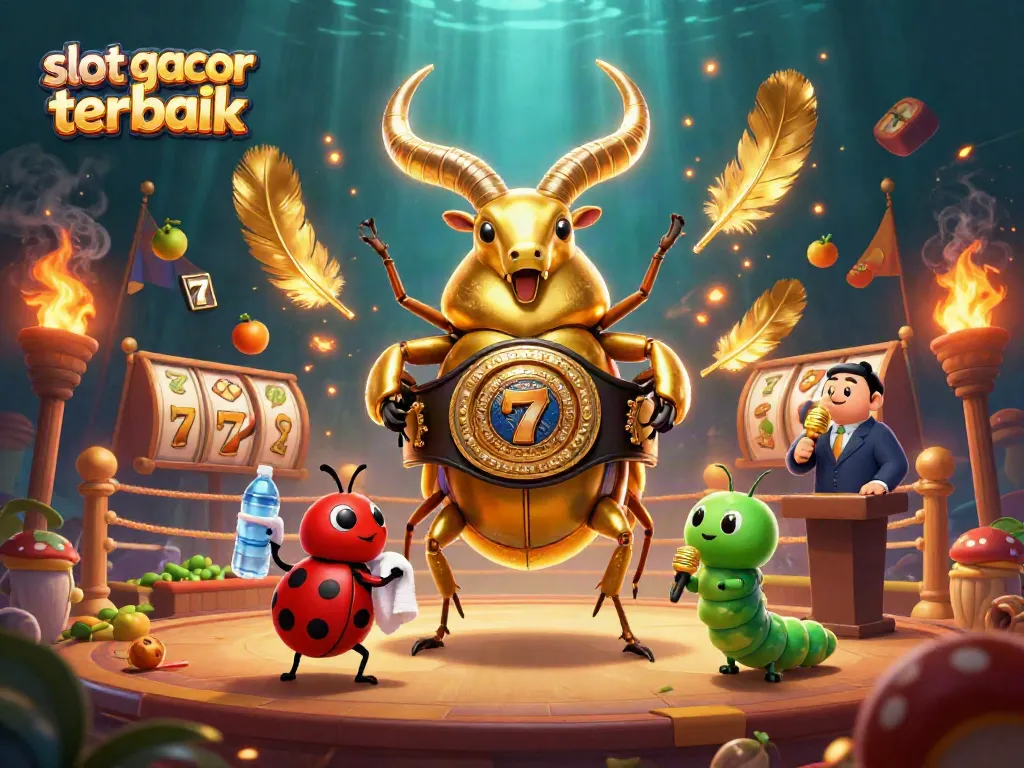 Gambaran slot gacor terbaik dengan kadal perang dan ladybug di arena bergaya kasino yang megah dan dinamis.