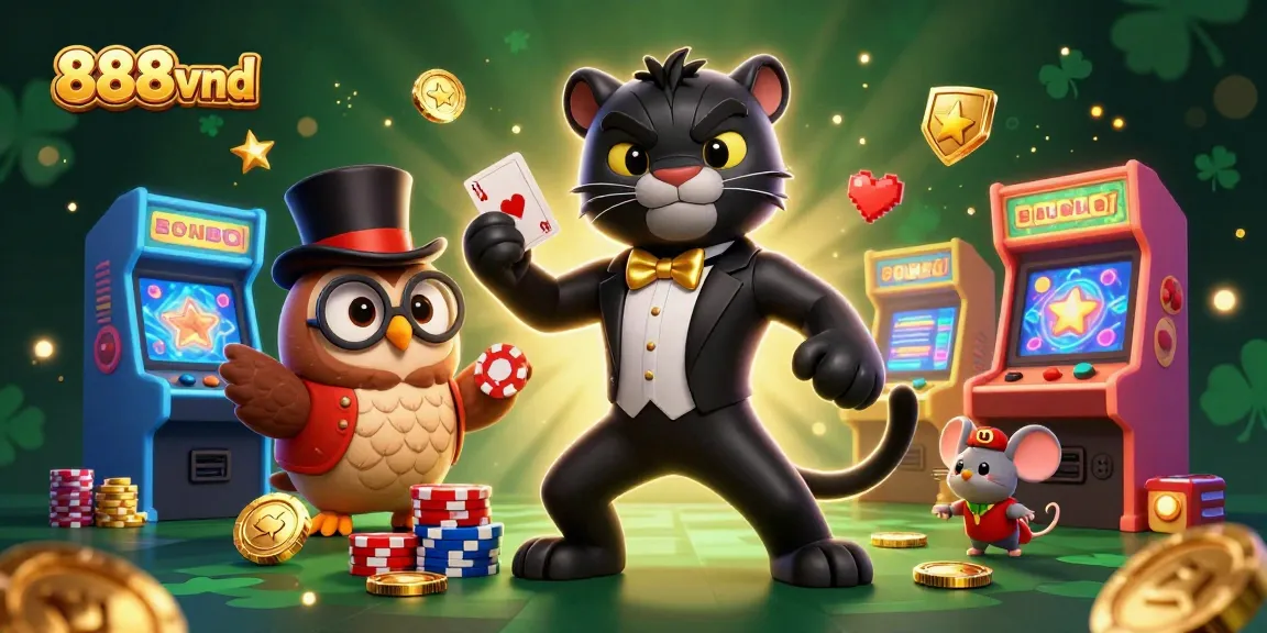 Experience thrilling gaming with 888vnd as a stylish panther deals cards amidst colorful arcade elements.