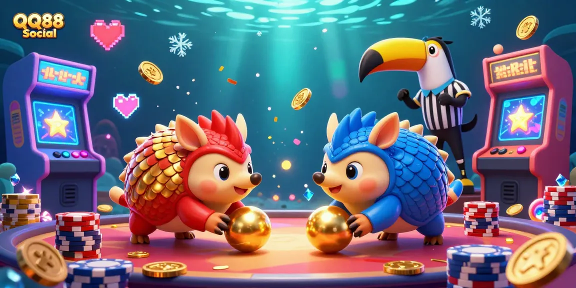 Experience the thrill at QQ88 Social with vibrant pangolins in armor, gambling with poker chips.