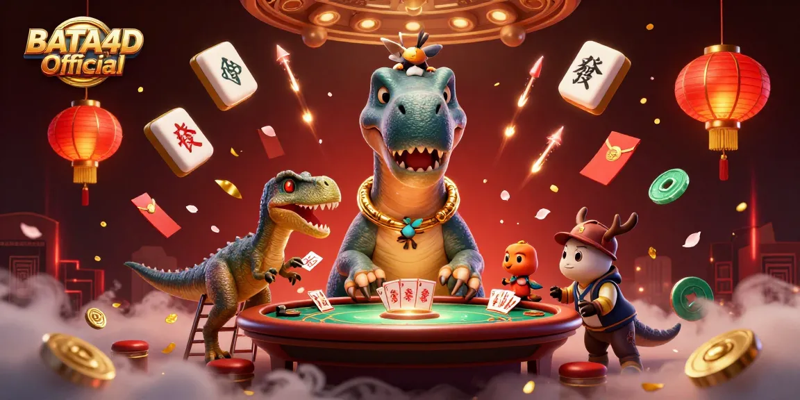 BATA4D Official shows a brontosaurus towering over a poker table, surrounded by vibrant casino elements.