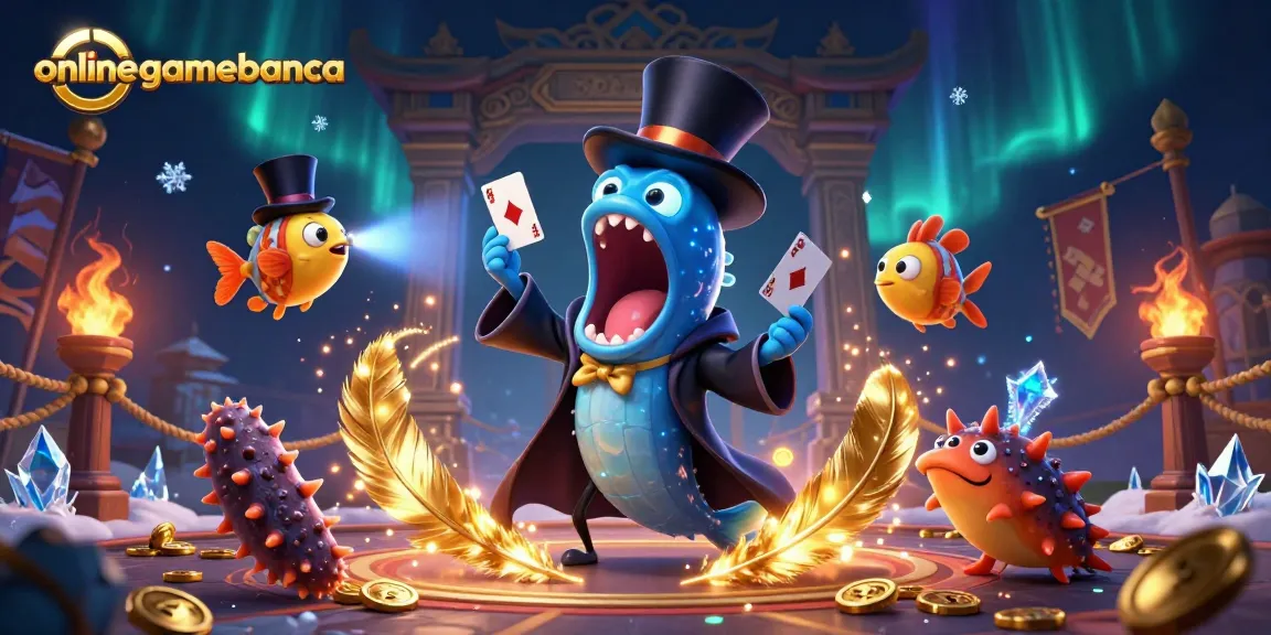 onlinegamebanca showcases a vibrant magic act with eels and fish in a dynamic casino scene