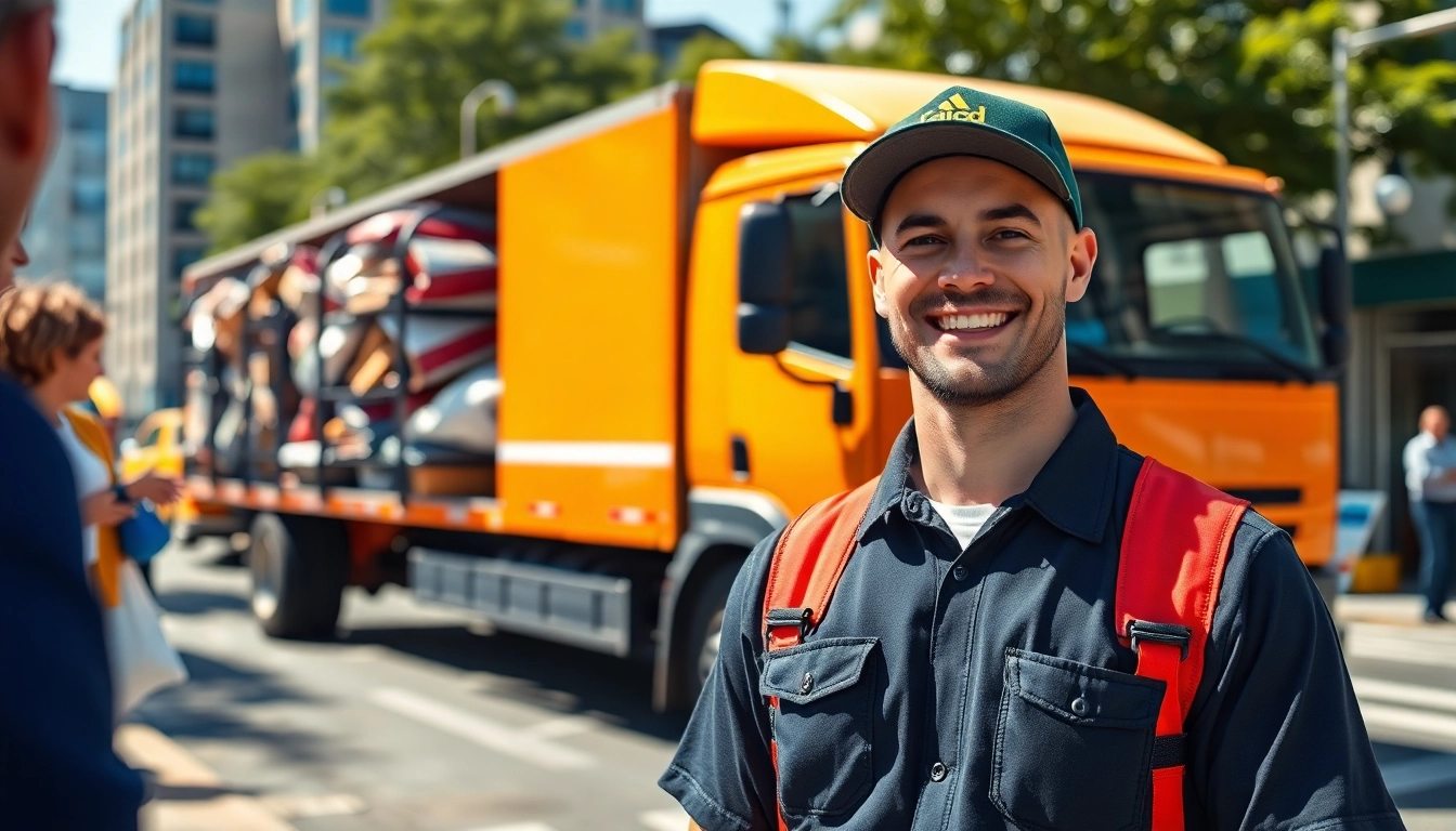 Hauling truck actively clearing junk in a bustling urban environment with a friendly hauler.