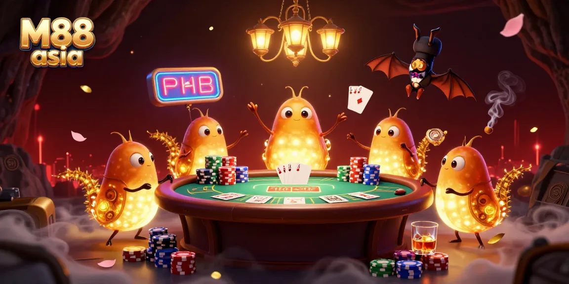 Experience the vibrant energy of M88 asia with a glowing casino scene featuring animated characters and poker action.