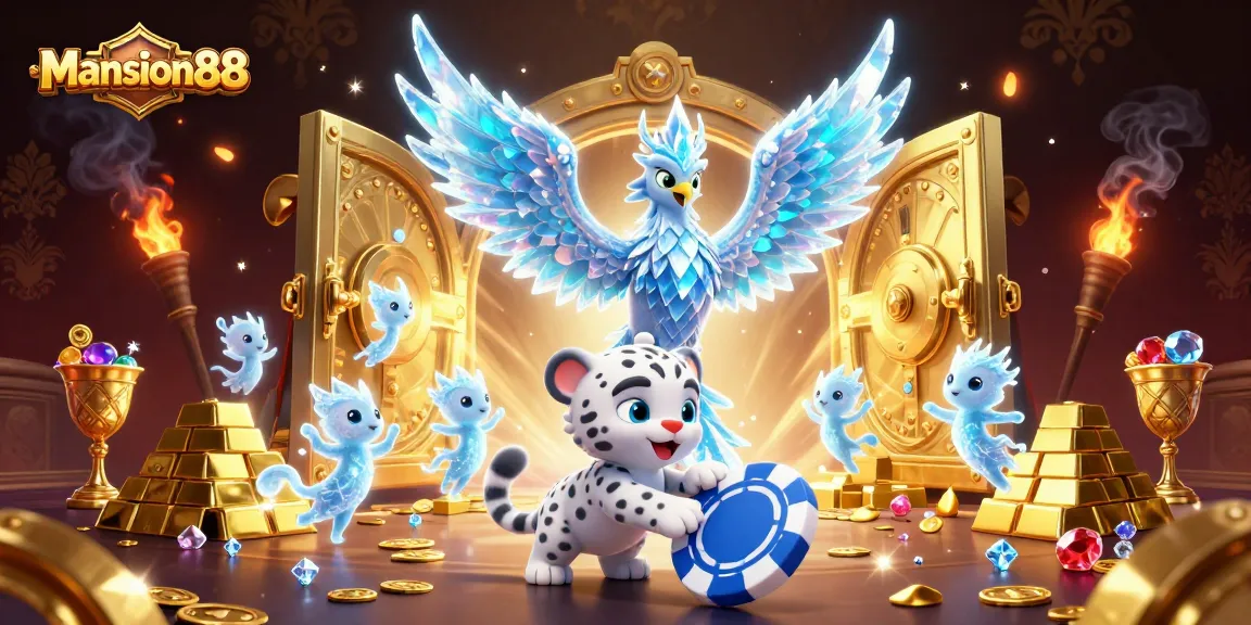 Mansion88 offers vibrant 3D illustration showcasing an ice phoenix, poker chip gameplay, and sparkling treasure.