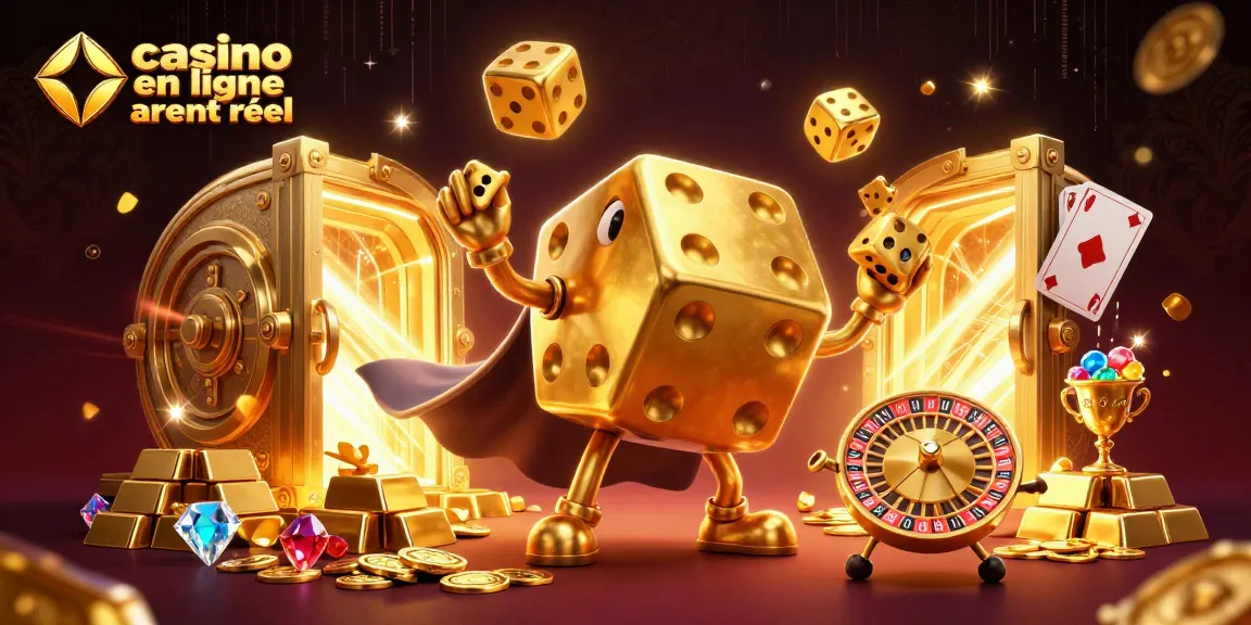 Jouez dans un casino en ligne argent réel, avec un golem de dés dorés et des trésors scintillants autour.
