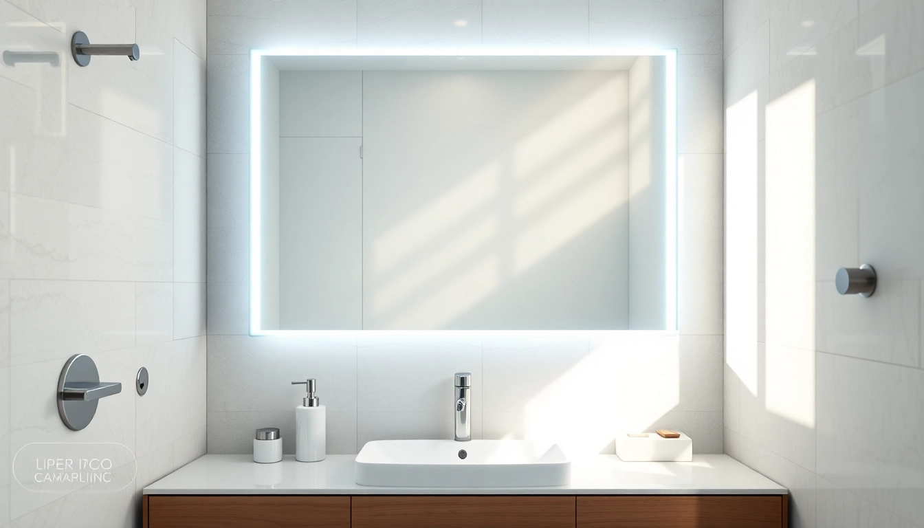 Reflecting bright features of a led bathroom mirror in a modern bathroom setting.