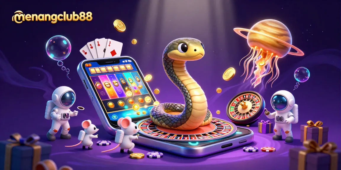 Experience exhilarating wins at menangclub88 with a vibrant cosmic casino scene featuring roulette and slots.