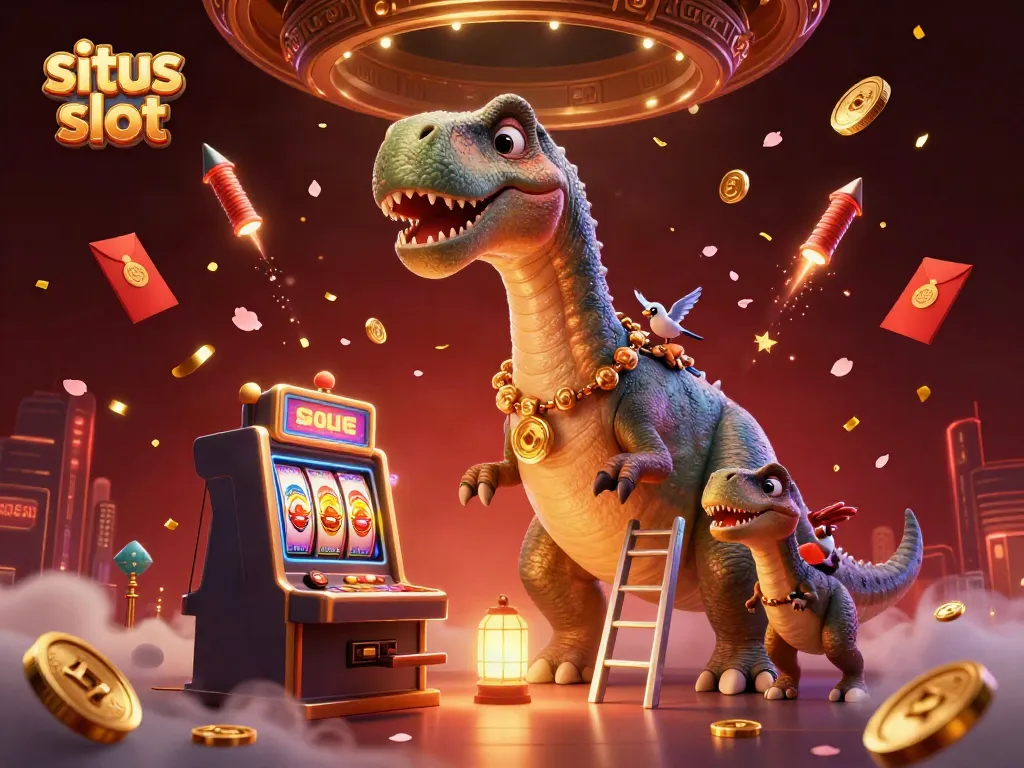 Experience situs slot excitement with a playful brontosaurus checking slot machines in a vibrant casino scene.