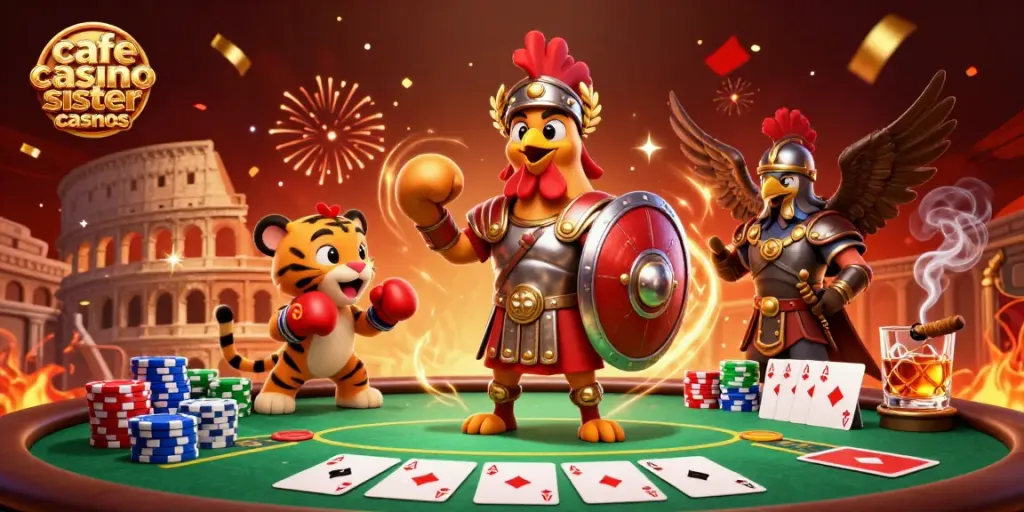 Engaging players with cafe casino sister casinos in a vibrant, action-packed illustration.