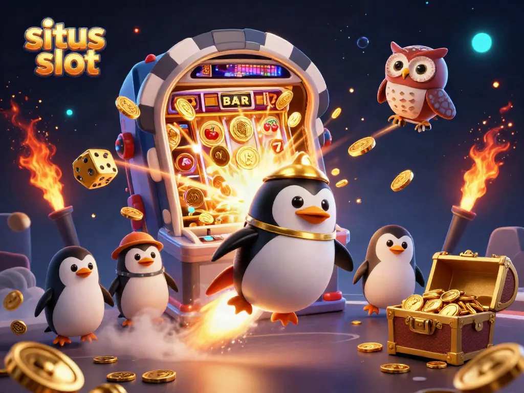 Experience the excitement of situs slot with a golden penguin and buffet of casino symbols.