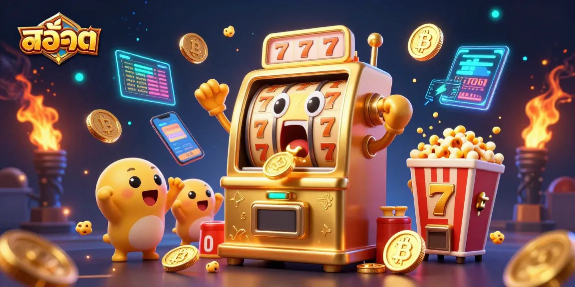 Experience gaming excitement with สล็อต as animated slot machines celebrate a jackpot with gold coins pouring out.