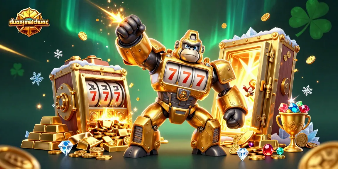 Experience the excitement of duongmatchuoc with the dynamic golden gorilla mech and treasure elements.