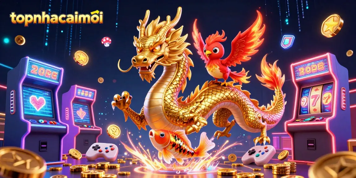 Join the excitement at topnhacaimoi with vibrant dragons, phoenixes, and gold coins flying in this casino scene.