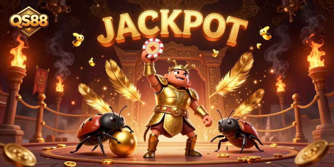 Engage in thrilling action at QS88 with a victorious beetle hero lifting a poker chip amidst a magical winning atmosphere.