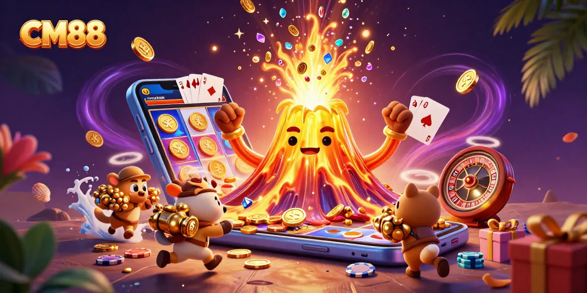 Engage with CM88’s thrilling games featuring an erupting golden volcano, treasures, and dynamic casino elements.