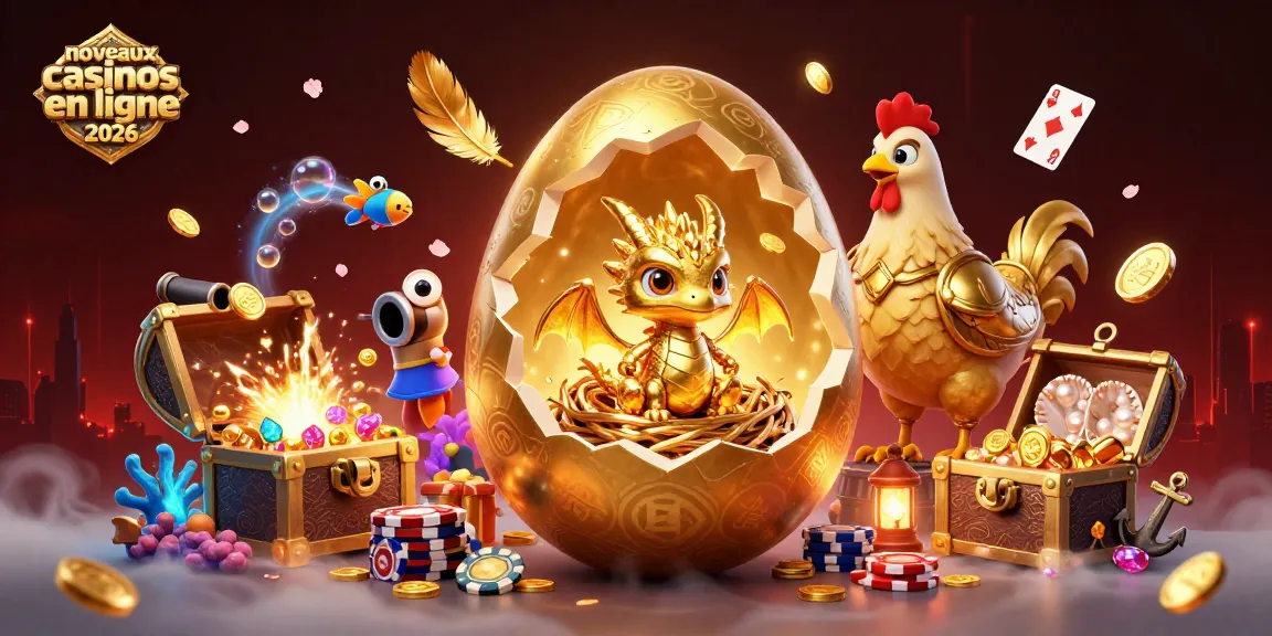 Découvrez les nouveaux casinos en ligne 2026 avec un dragon doré sur un nid de jetons de poker.