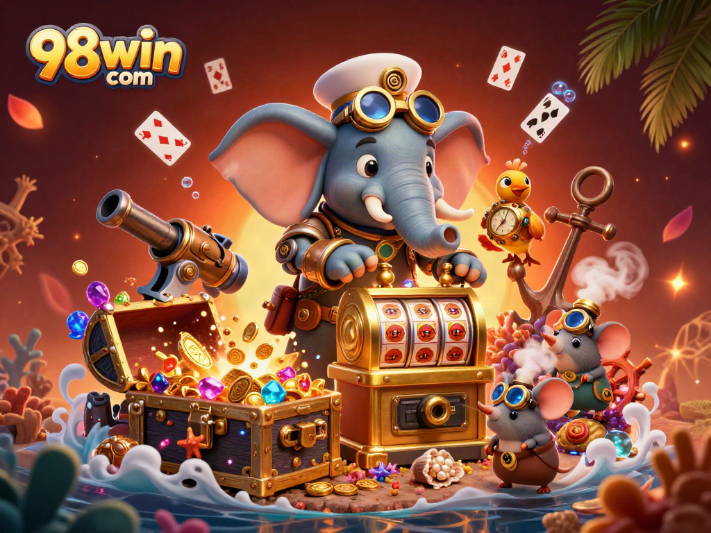 Experience thrilling wins at 98win com with a vibrant 3D casino illustration showcasing excitement.