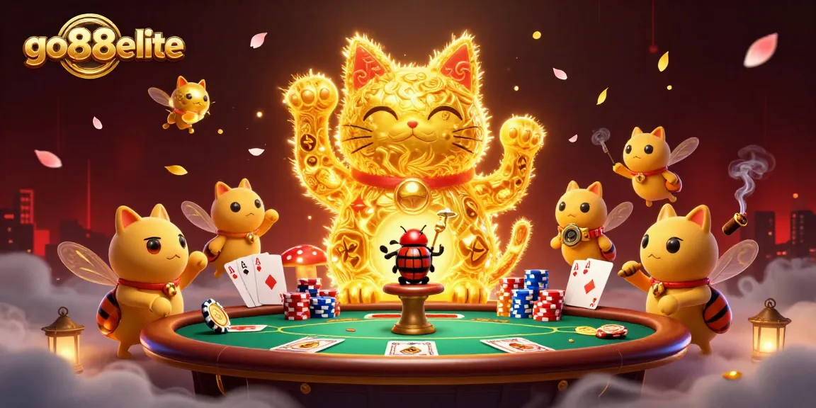 Engage in thrilling gameplay at go88elite with vibrant lucky cat among casino elements.