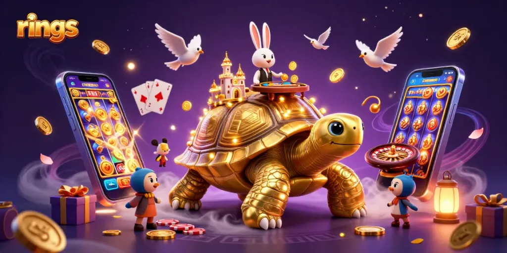 Engage with stunning rings illustrations in a vibrant casino scene filled with gold coins and game elements.