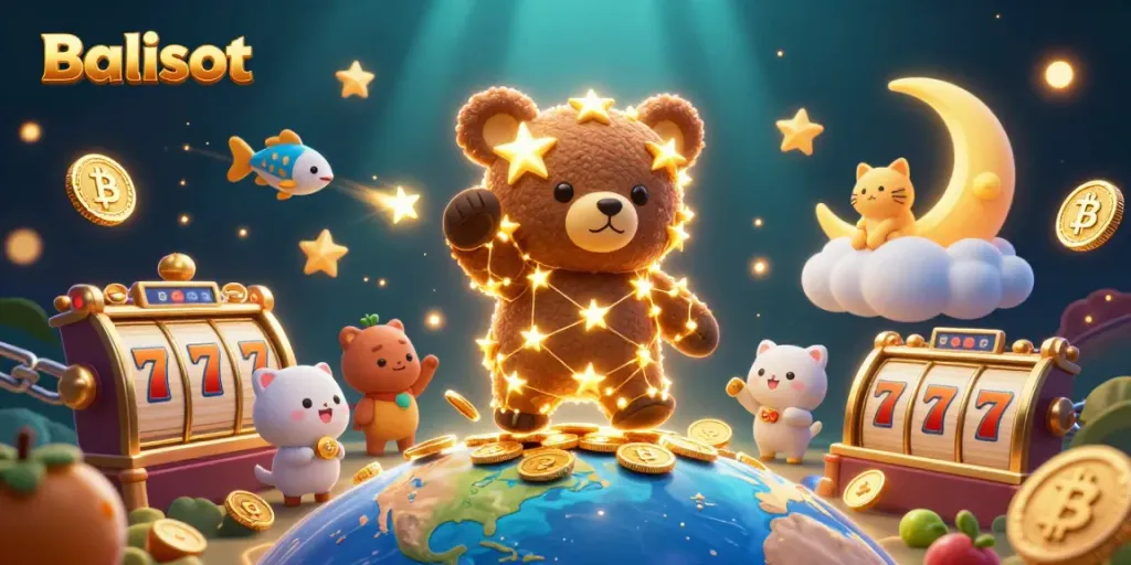 Experience the excitement of Balislot as golden coins cascade from a cosmic bear amidst vibrant casino elements.