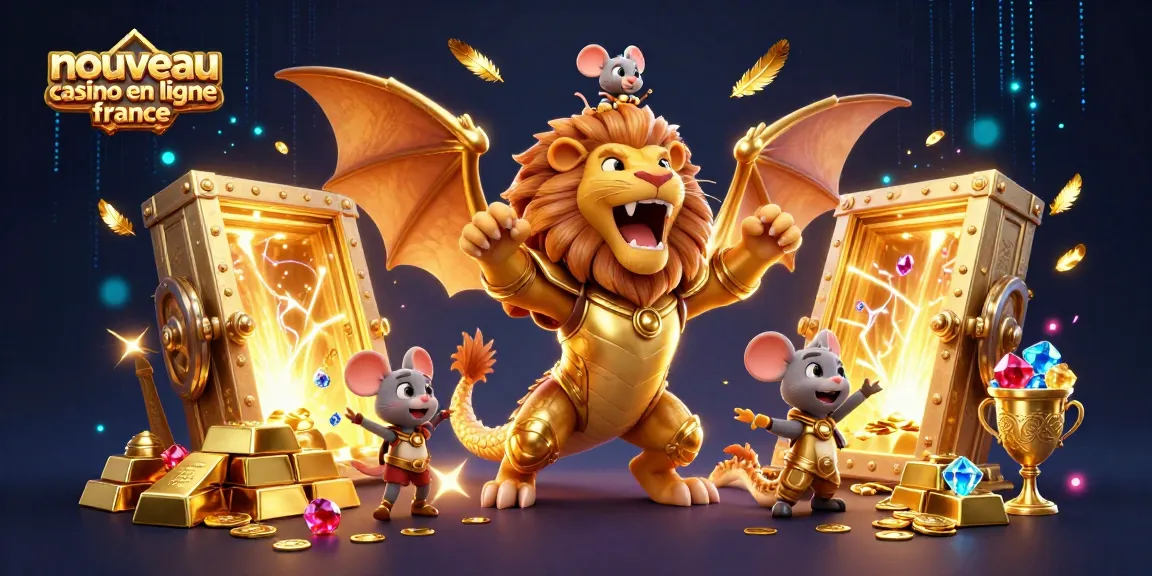 Intégrer le nouveau casino en ligne France avec une illustration 3D de personnages de casino animés et des éléments de trésor.