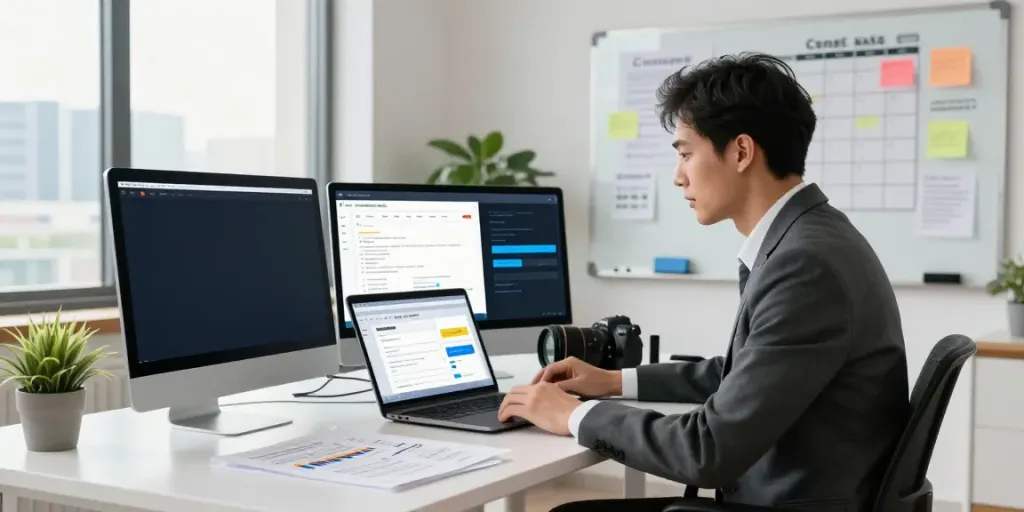 Marketer using instant indexing tools in a bright workspace to optimize SEO strategies.