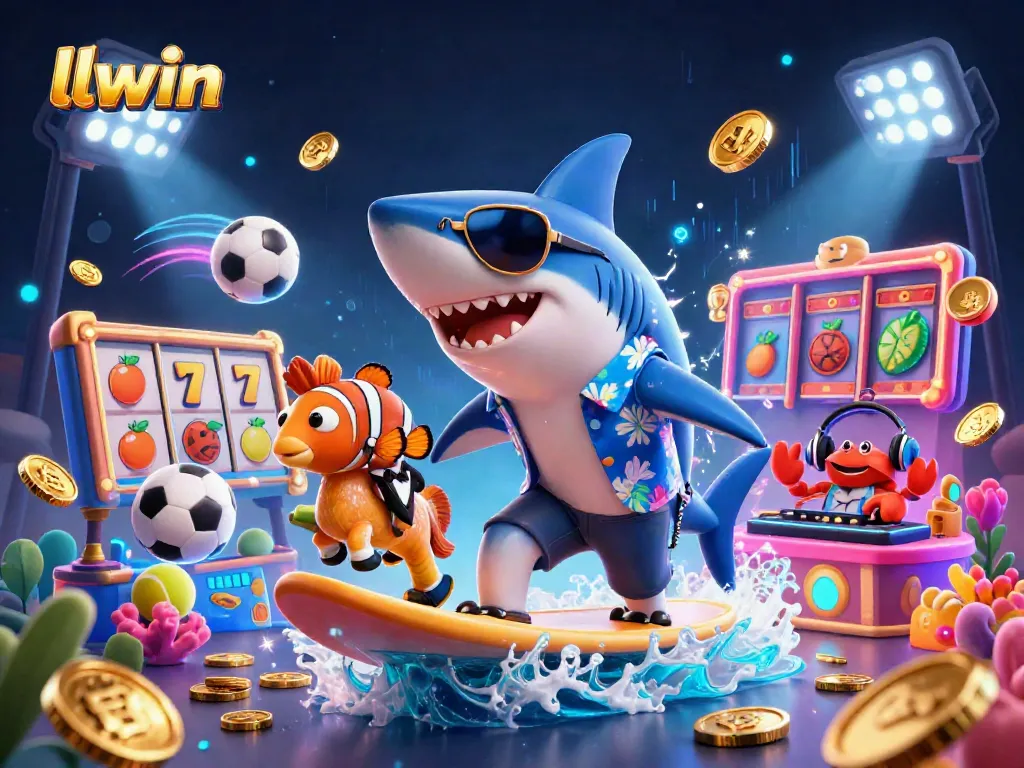 Bet on LLWIN's thrilling games as a cartoon shark surfs on gold coins.