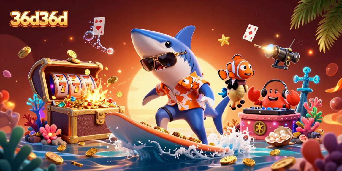 Experience excitement with 36d36d as the shark surfs gold coins in a vibrant casino scene.