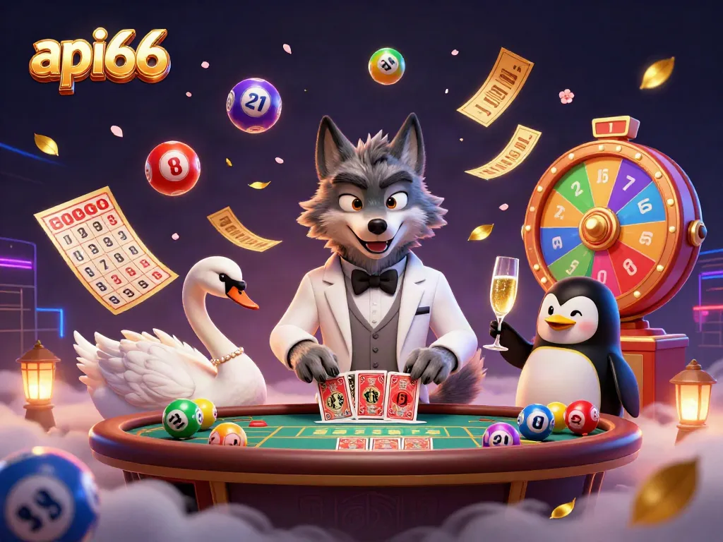 Experience thrilling gameplay as api66 brings together a debonair wolf, elegant swan, and sophisticated penguin in a vibrant casino setting.