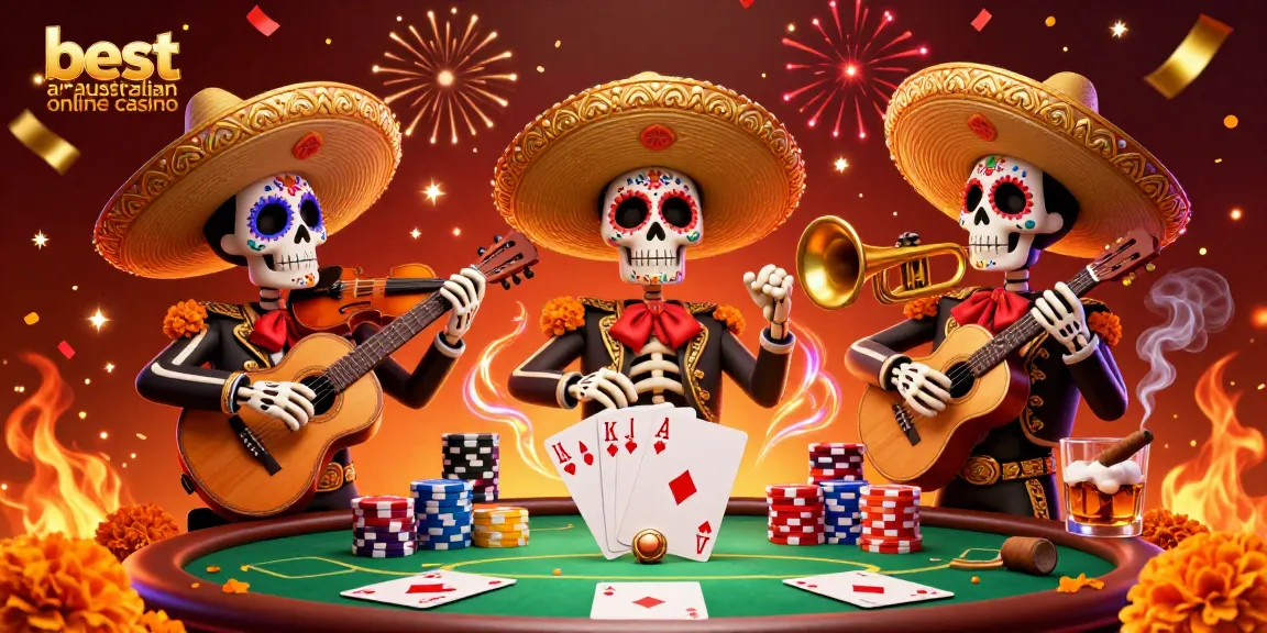 Celebrate at the best australian online casino with lively mariachi skeletons, poker chips, and vibrant confetti.