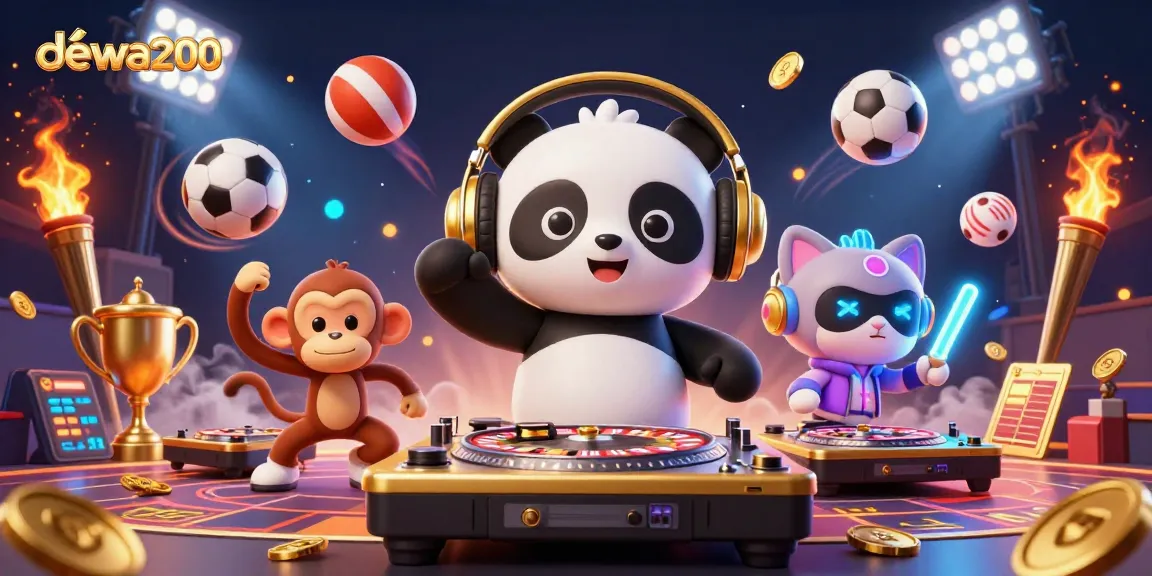 Deawa200 memukau dengan ilustrasi kasino, DJ panda, dan kemewahan permainan.