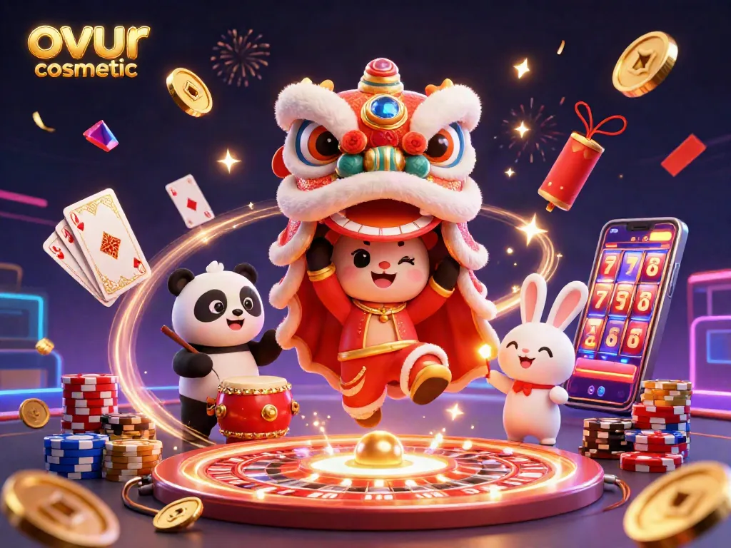 Experience the excitement of ovur cosmetic with lively casino-themed 3D illustration featuring vibrant characters and elements.