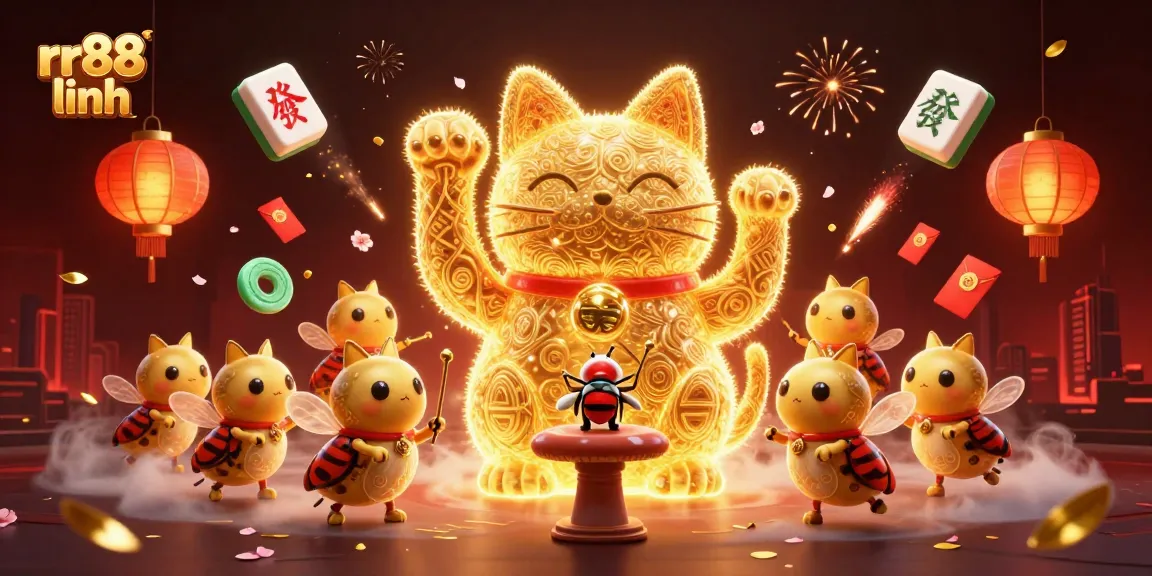 Experience the fun at rr88 linh casino with the lucky cat and festive casino symbols in a vibrant setting.
