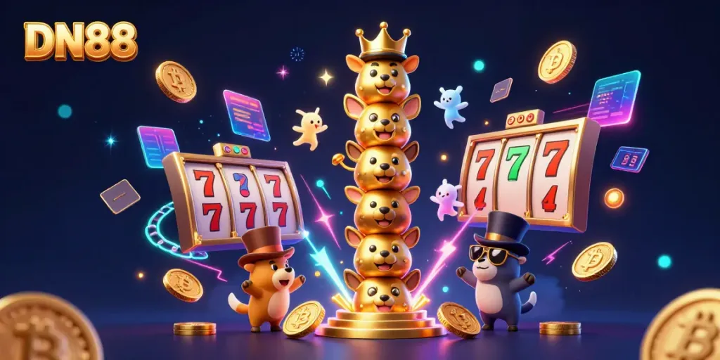 Experience exciting gameplay at DN88 with vibrant 3D casino elements and a golden totem pole in a dynamic illustration.