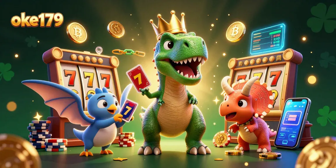 Experience the excitement of oke179 with a cartoon T-Rex and friends enjoying a vibrant casino environment filled with slots and crypto elements.
