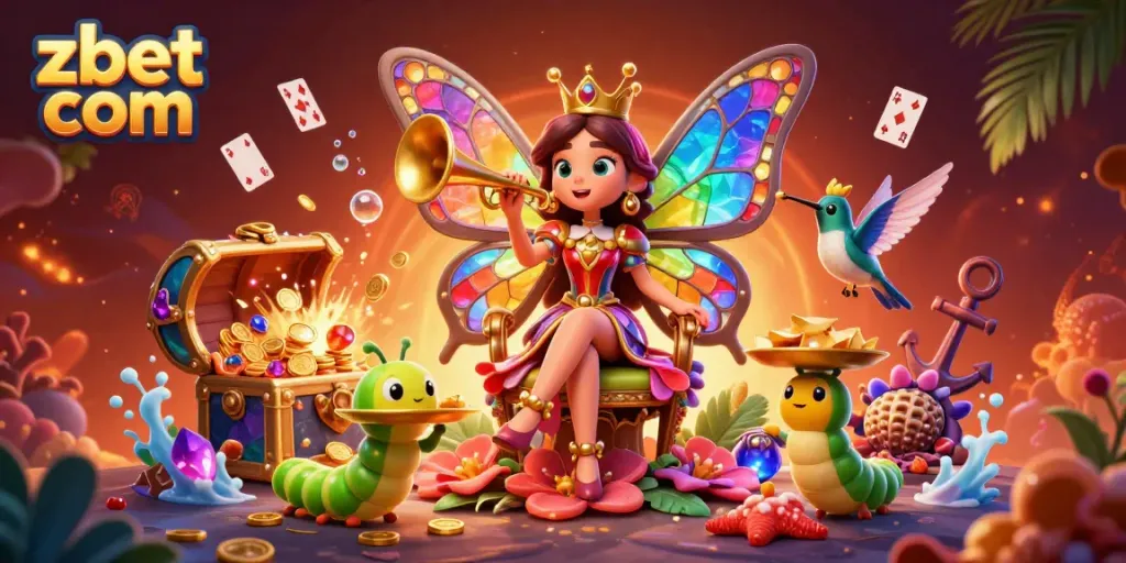 Experience excitement at zbet com, featuring a butterfly queen and vibrant casino elements in a lively 3D scene.