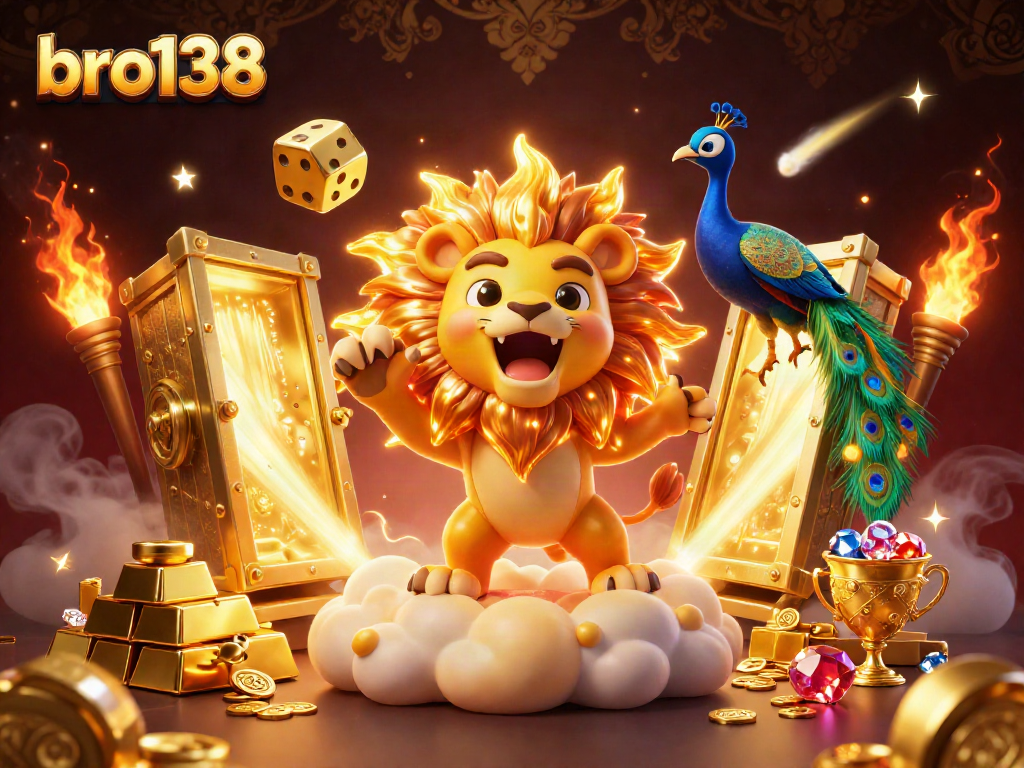 Experience thrilling gameplay at bro138 with a vibrant illustration featuring a sun lion and golden dice.