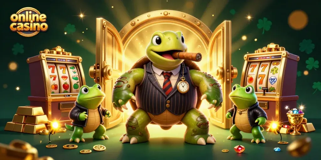 Experience the vibrant world of an online casino with a cartoon turtle in a mobster suit and slot machines.