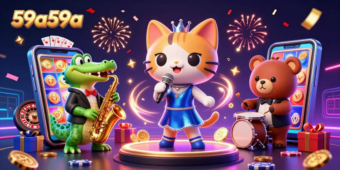 Experience lively gaming with 59a59a featuring a cat singer, croc, and bear in a vibrant casino scene.