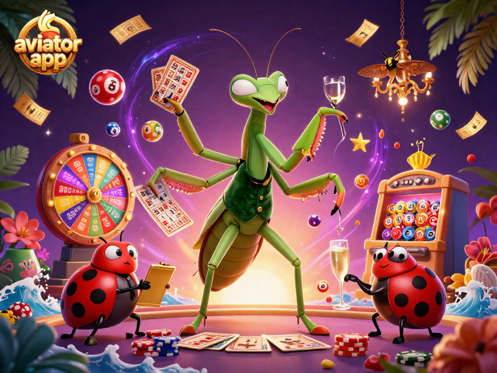 Experience the thrilling aviator app with a colorful casino scene of a mantis dealer and ladybug pit boss.