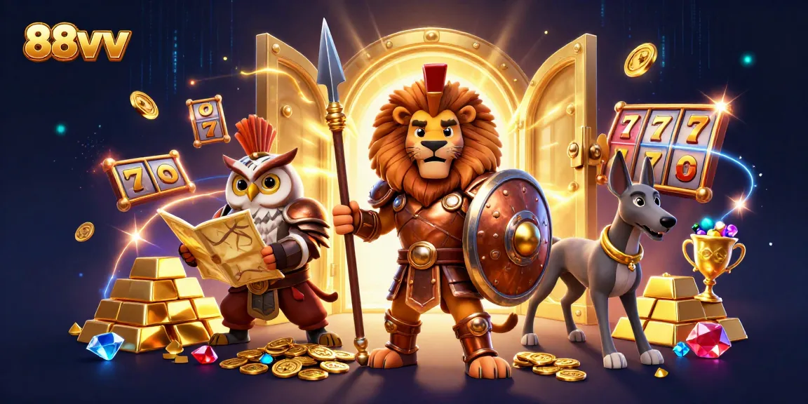Experience thrilling wins with 88vv in an action-packed casino adventure featuring vibrant characters and treasures.