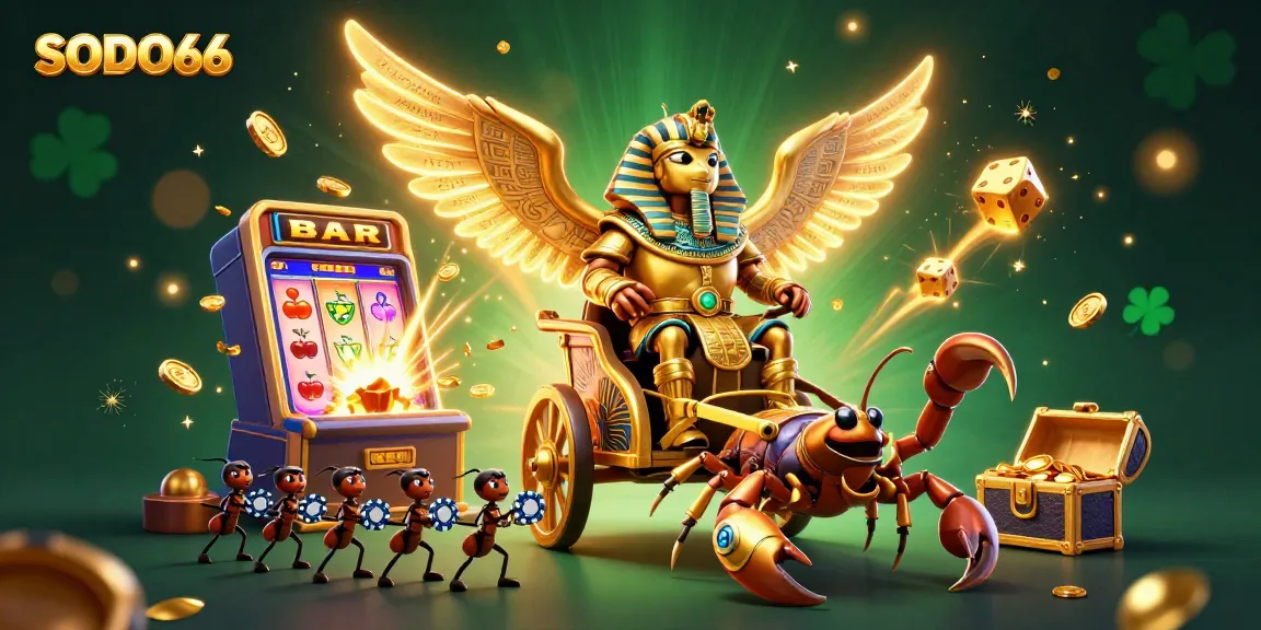 SODO66 vibrant gaming experience, featuring a colossal golden scarab and scorpions amidst a jackpot explosion.