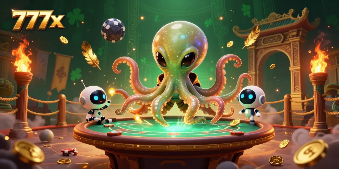 Experience thrilling gaming adventures at 777x with an energetic alien octopus running a poker table amidst atmospheric effects and vibrant casino elements.